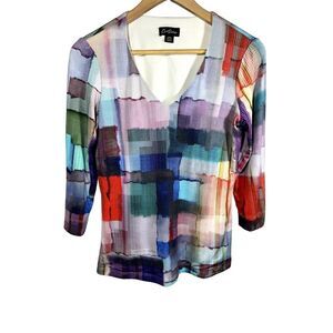 CARTISE Women's Watercolor Windowpane V-Neck 3/4 Sleeve Top Multi-Color Medium